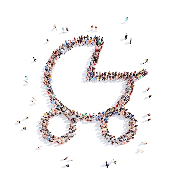 Large group of people in the form of a pram. Isolated, white background.