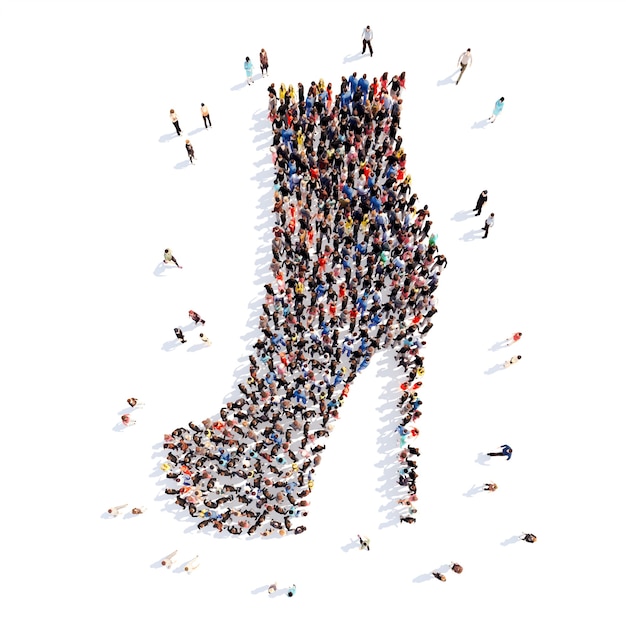 Large group of people in the form of shoes. Isolated, white background.