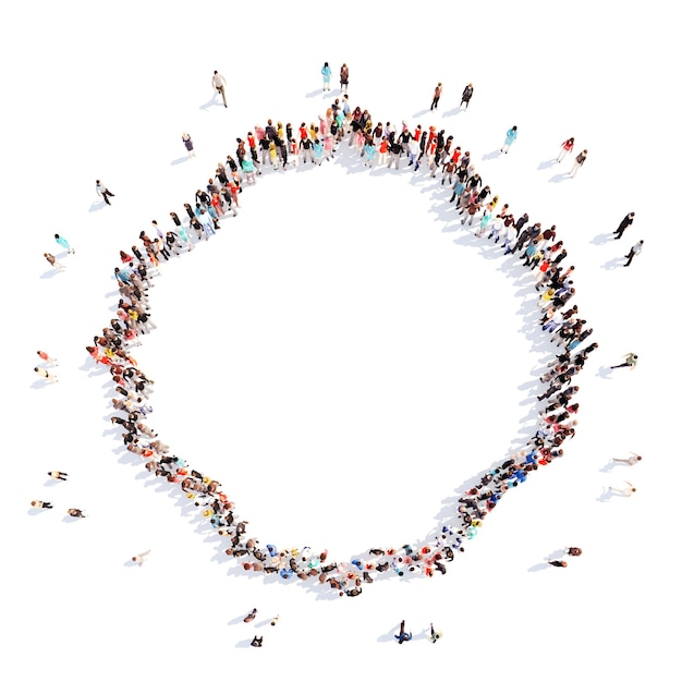 Large group of people in the form of a vintage frame. Isolated, white background.