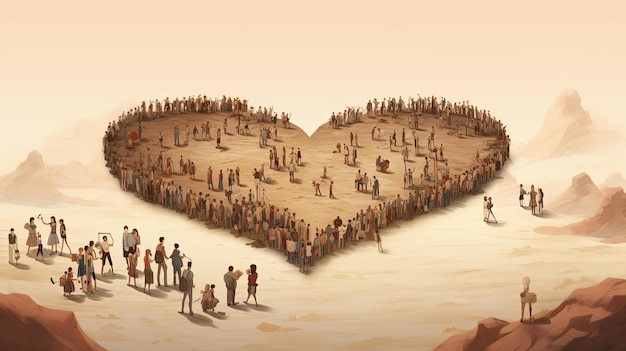 a large group of people forming a heart in the style of realistic yet stylized