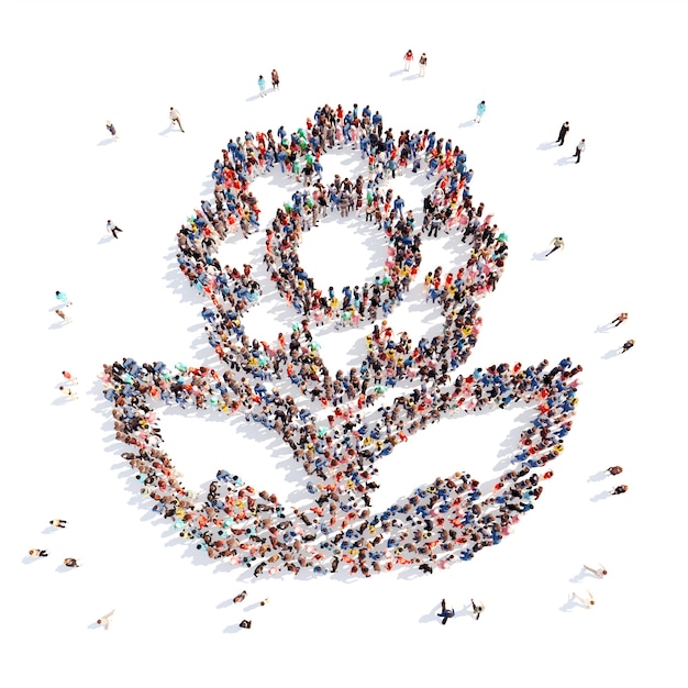 A large group of people in the shape of a flower, and ecology. Isolated, white background.