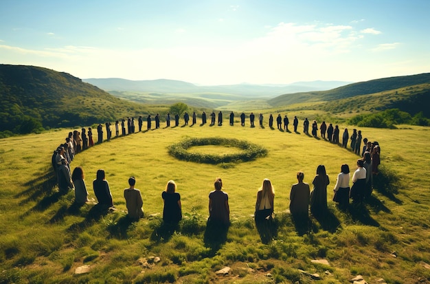 Large group of people standing in circles on mountain holding hands on grassspiritual landscape