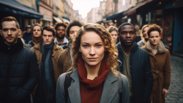 Foto grande gruppo di persone in piedi in strada con l'attenzione sulla donna che guarda la telecamera celebrazione