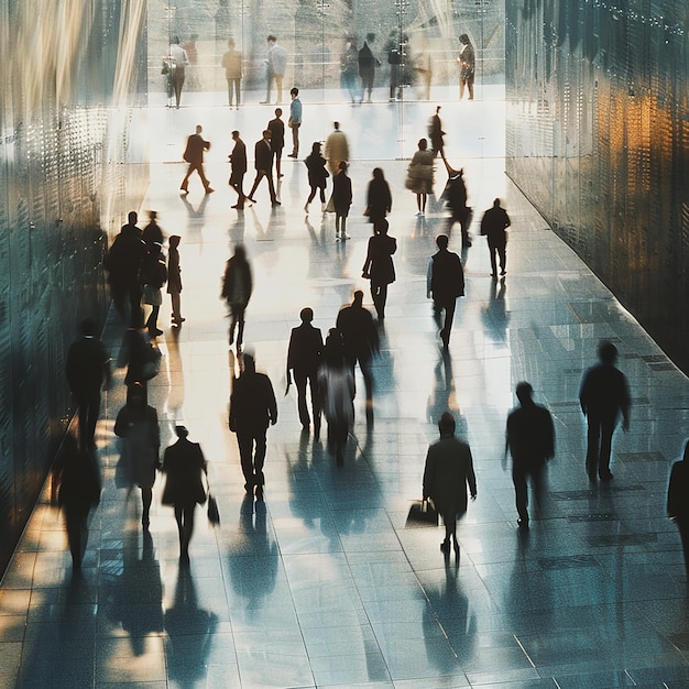 a large group of people walking in a building with the word quot on it quot