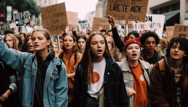 Large group of people walking outdoors in protest for freedom generated by AI