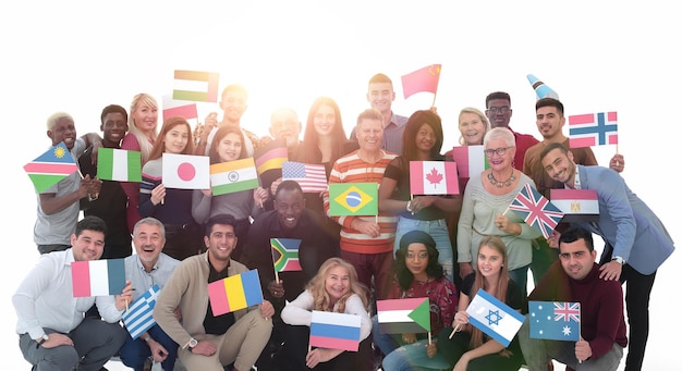 Large group of people with flags isolated over white background