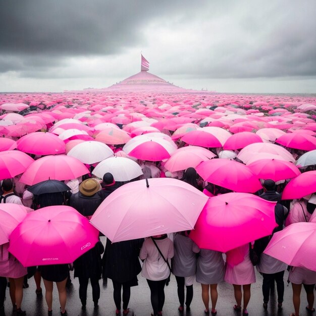 Large group of people with umbrellas generated by Ai