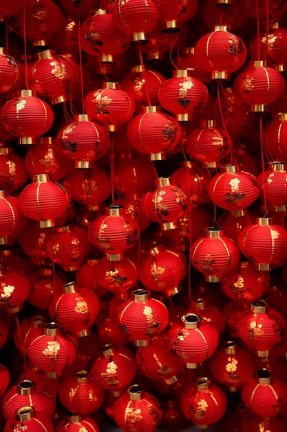 A large group of red lanterns with a yellow flower on the top