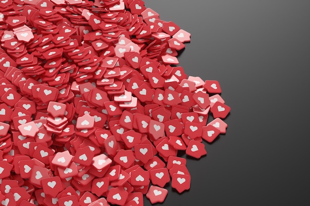 Large group of red like icons on a black background. 3d render illustration