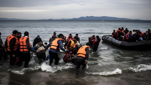 Large group of refugees walking from the sea to the shore at sunset or sunrise from inflatable boat Neural network generated in May 2023 Not based on any actual person scene or pattern