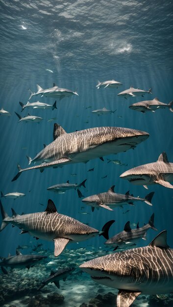 a large group of sharks swim in the ocean