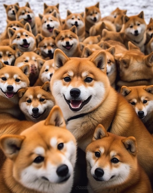 A large group of shiba inu dogs