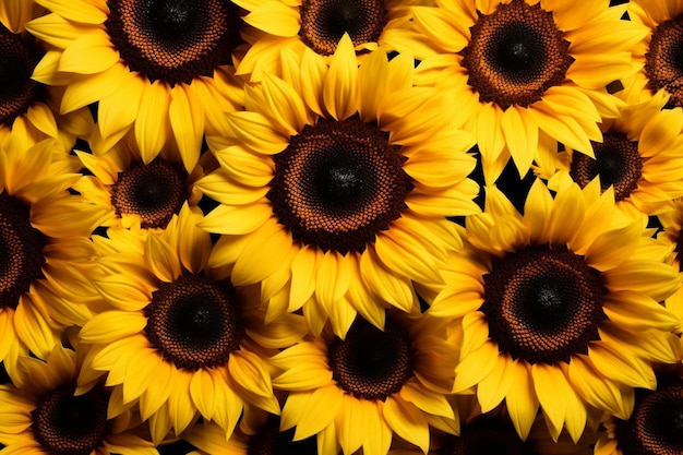 a large group of sunflowers with a black dot on the center.