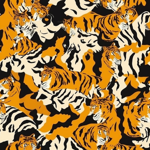 A large group of tigers are walking across a field generative ai