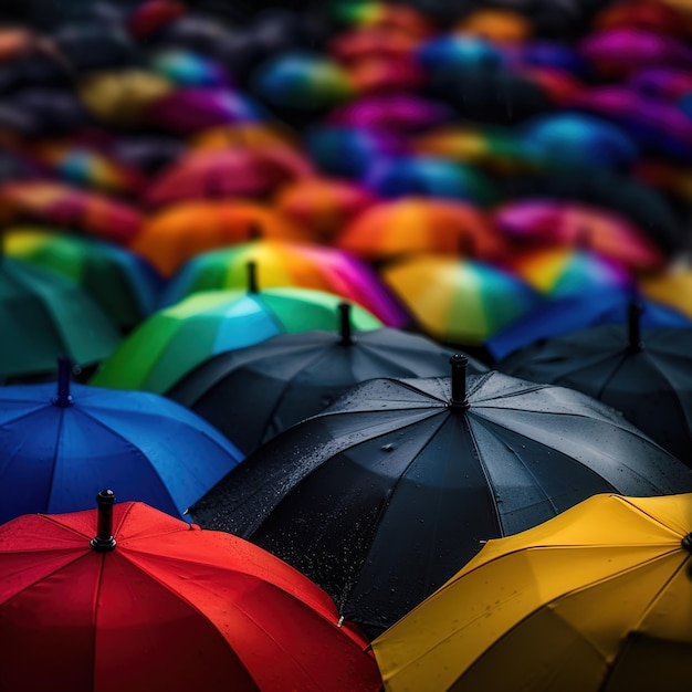 A large group of umbrellas are lined up together, one of which is black, one of which is yellow, one of which is yellow.