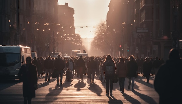 Foto grande gruppo che cammina in una strada cittadina affollata generata dall'intelligenza artificiale