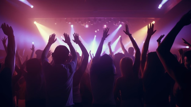 Большая группа молодых людей танцует в ночном клубе