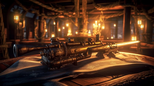 A large gun sits on a table in a dark room with candles behind it.