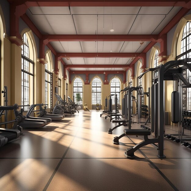 A large gym with many machines and a window with the sun shining on it.