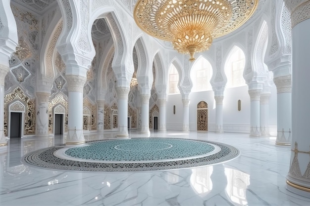 A large hall in a mosque with a gold chandelier hanging from the ceiling