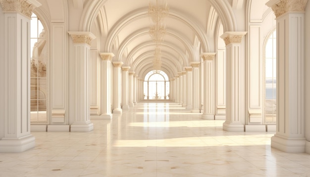 A large hall with columns and a large window in the middle.