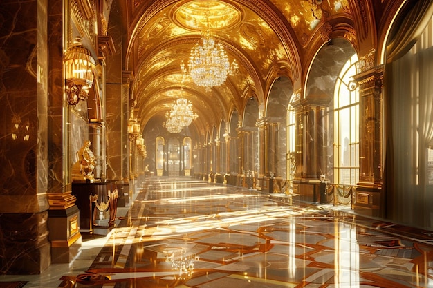 Photo a large hall with a gold ceiling and a picture of a building with a gold ceiling