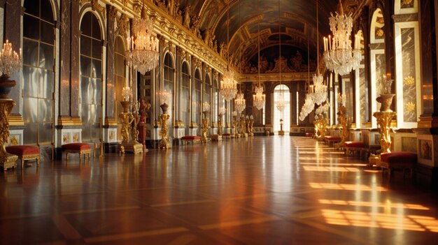 a large hall with a golden ceiling and a large chandelier