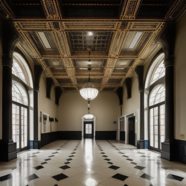 A large hall with a large ceiling that has a large light on it.