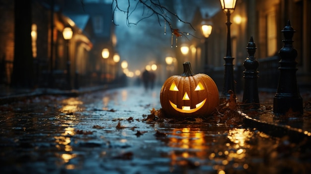 Large Halloween pumpkin head jack lantern with burning eyes on street of night city in rain Horror stories for Halloween