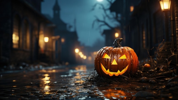 Large Halloween pumpkin head jack lantern with burning eyes on street of night city in rain Horror stories for Halloween
