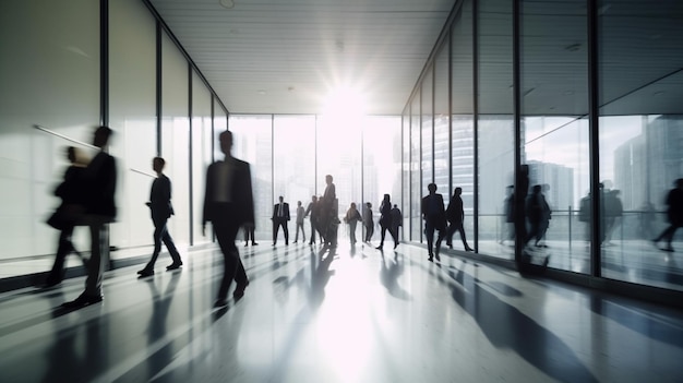 A large hallway with people walking and the sun shining on it.