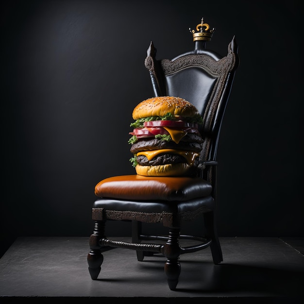 A large hamburger sits on a chair with a black leather seat.