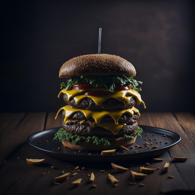 A large hamburger sits on a plate with a black background.