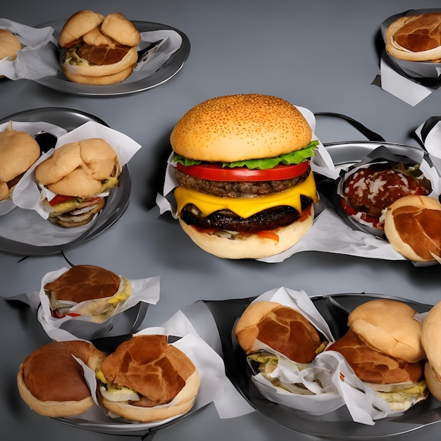 A large hamburger sits on a table with other hamburgers.