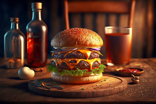 Large hamburger with bbq sauce and cheese burger set on wooden table