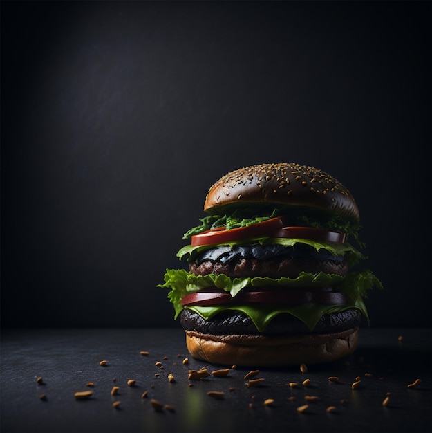 Большой гамбургер с черным фоном и черным фоном.