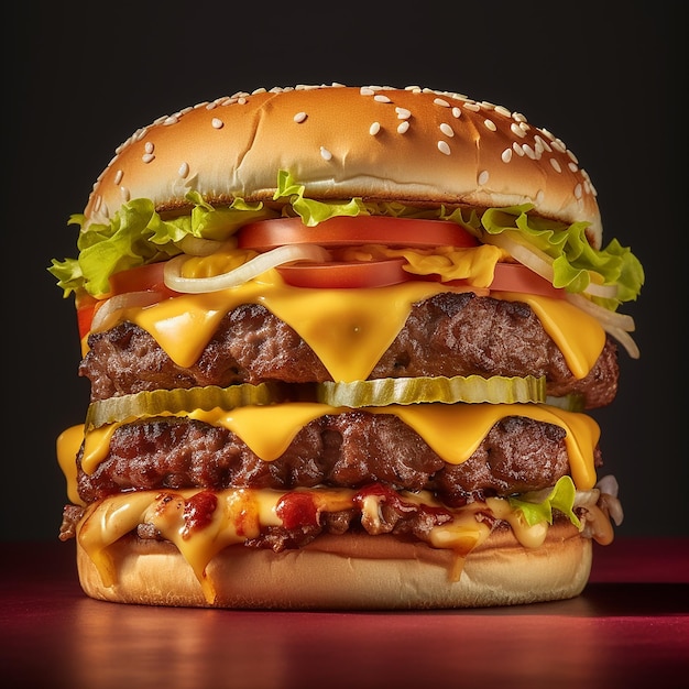 a large hamburger with cheese and hamburger on it.