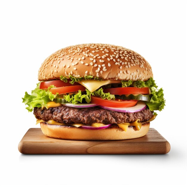 Large hamburger with cheese lettuce tomato and onion