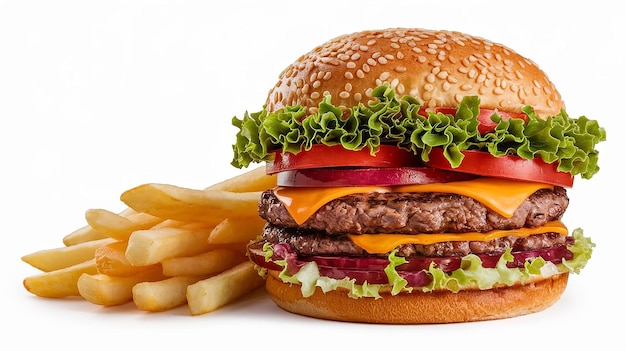 a large hamburger with lettuce tomato and cheese on top a side of french fries