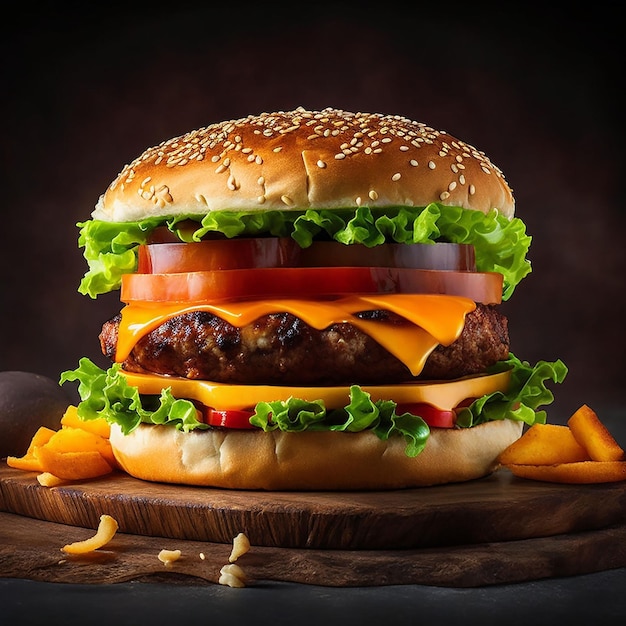 A large hamburger with lettuce, tomato, and cheese on a wooden board.