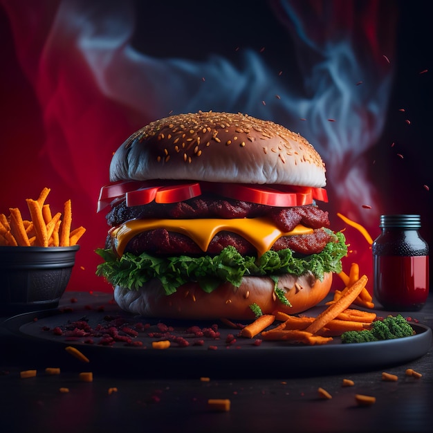 A large hamburger with a red background and a smoke coming out of it.