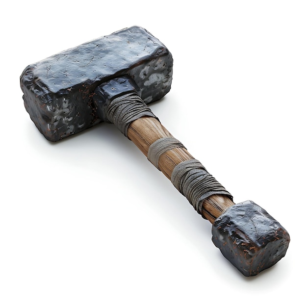 Photo a large hammer with a wooden handle and a piece of wood with a brown and silver band