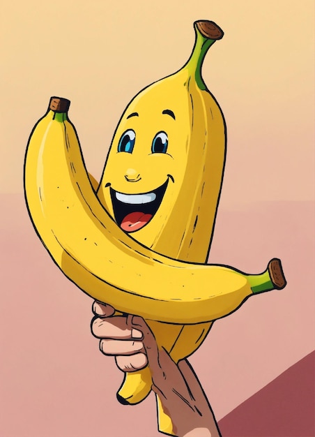 Large hand holding a smiling banana