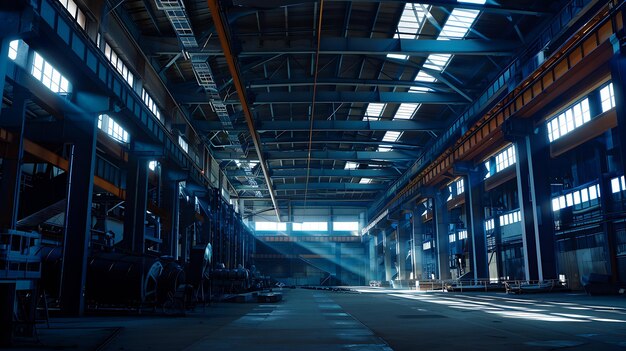 Photo large hangar or warehouse of metallurgical plant dark industrial factory interior generative ai