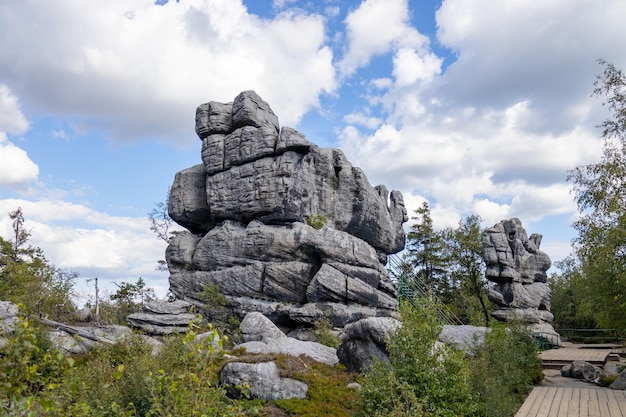 Large hanging stone rocks in the tourist place Szczeliniec wielki Poland