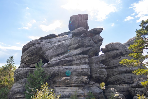 Large hanging stone rocks in the tourist place Szczeliniec wielki Poland