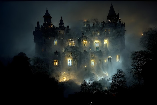 large haunted castle with many illuminated windows at spooky misty dark halloween night neural network generated art