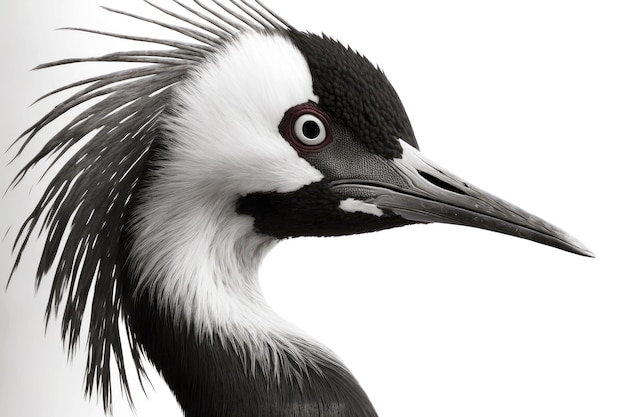 Large head black white crane bird isolated on white background