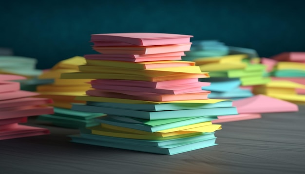 A large heap of multi colored textbooks on a wooden table generated by AI