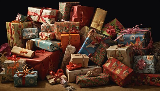 Photo a large heap of wrapped gifts colorful decorations for celebration generated by artificial intelligence